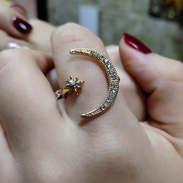 Fashion Simple Rhinestone Geometric Star Moon Opening Ring