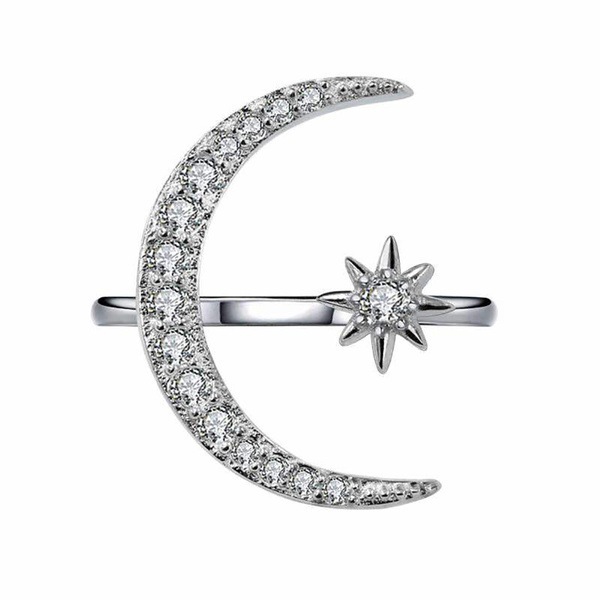 Fashion Simple Rhinestone Geometric Star Moon Opening Ring