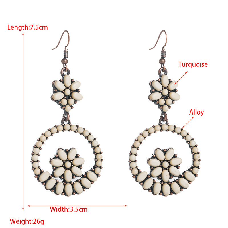 Retro Alloy Turquoise Hollow Flower Round Pendant Earrings