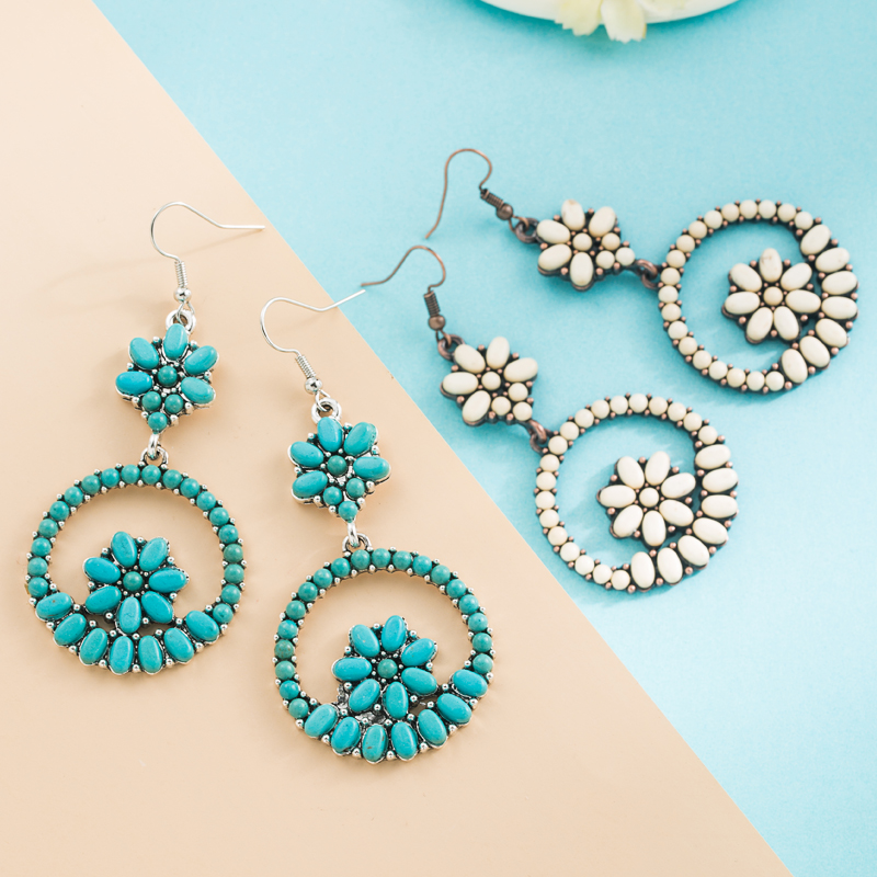 Retro Alloy Turquoise Hollow Flower Round Pendant Earrings