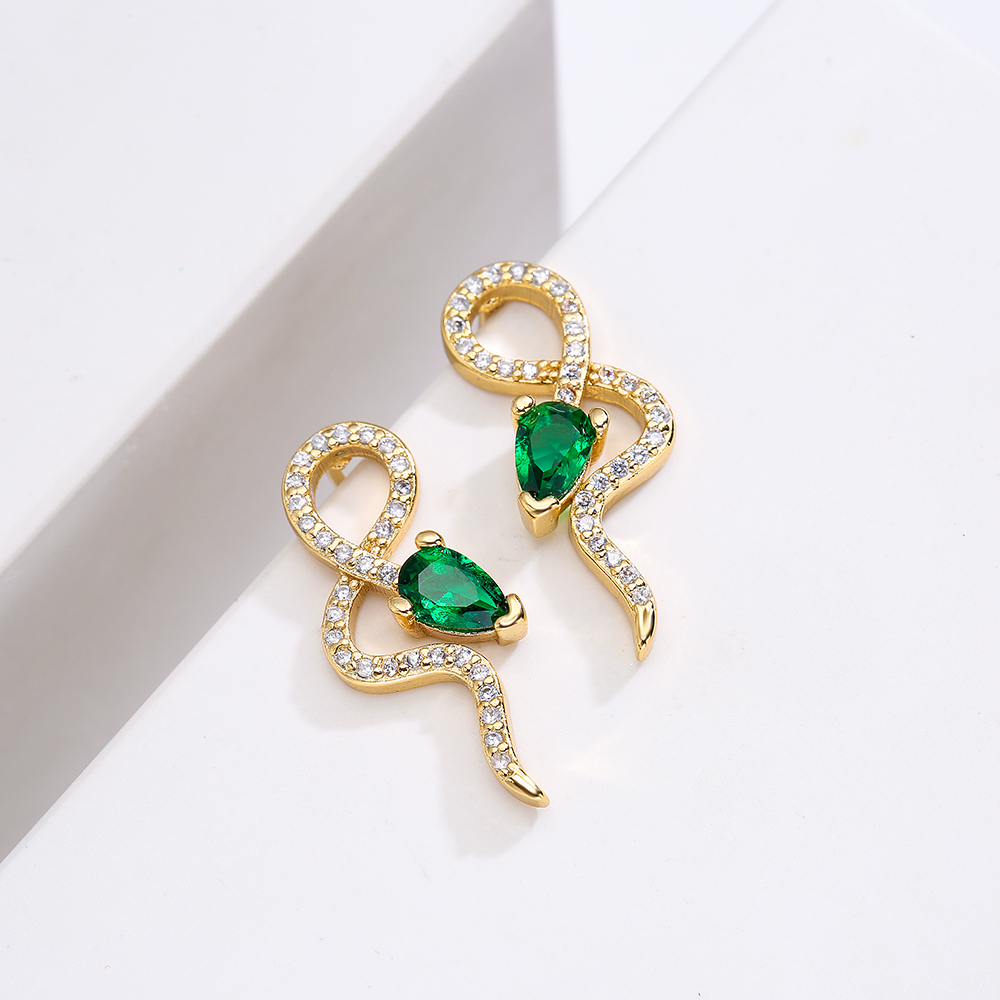 Fashion Copper 18K Gold Green Zircon Geometric Snake Shape Ear Studs