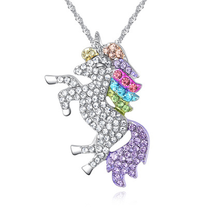 Fashion Dripping Oil Rhinestone Unicorn Necklace Bracelet earrings Ring Set