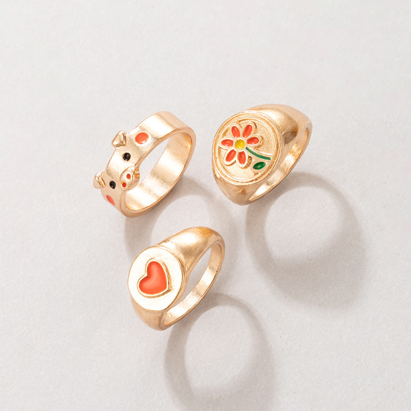 cute dripping oil Glaze Flower pig heart Geometric Ring