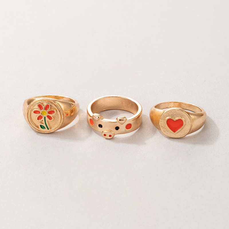 cute dripping oil Glaze Flower pig heart Geometric Ring