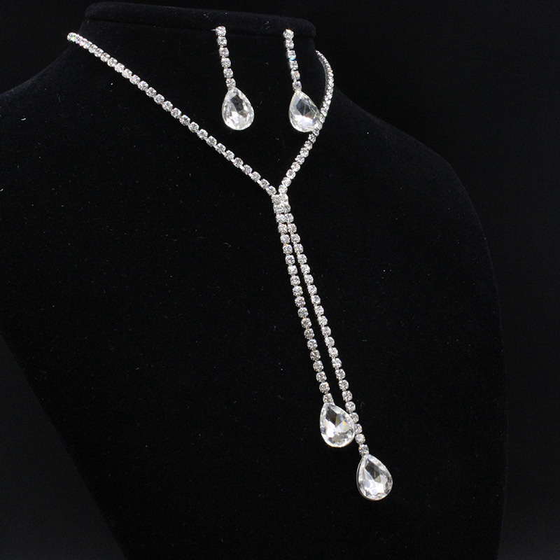 Fashion Ornament Rhinestone Crystal Water Drop Necklace Earring Suit