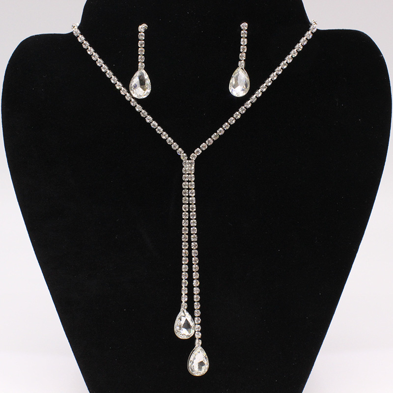 Fashion Ornament Rhinestone Crystal Water Drop Necklace Earring Suit