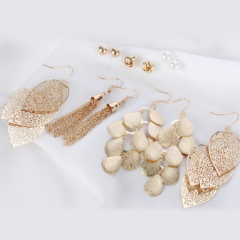 Fashion Ornament Pearl Tassel Water Drop Leaves Earings Set 6 Pairs