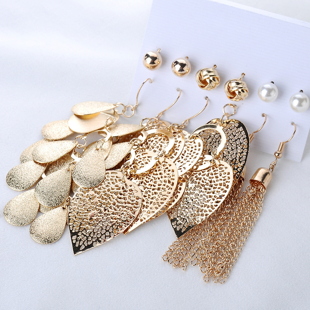 Fashion Ornament Pearl Tassel Water Drop Leaves Earings Set 6 Pairs