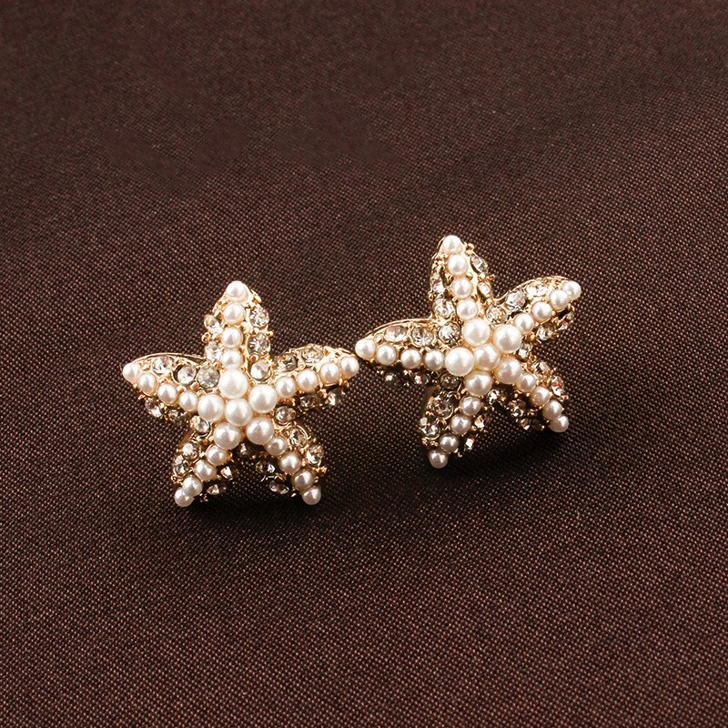 Fashion Beach Starfish Shaped Pearl Alloy Earrings Women