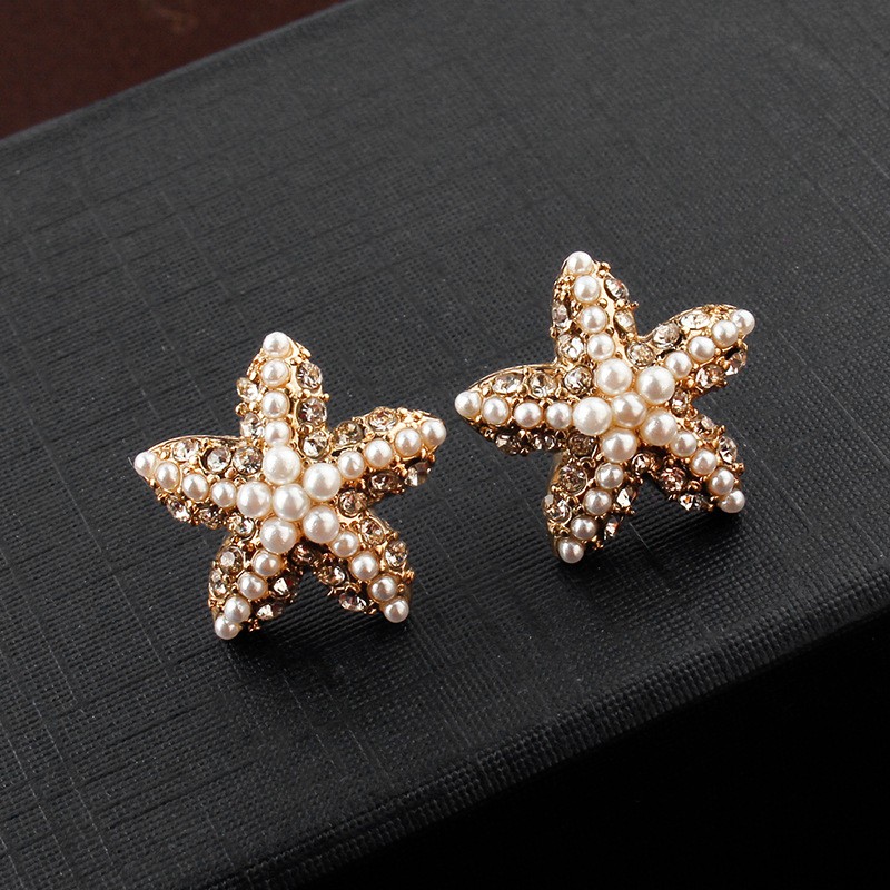 Fashion Beach Starfish Shaped Pearl Alloy Earrings Women