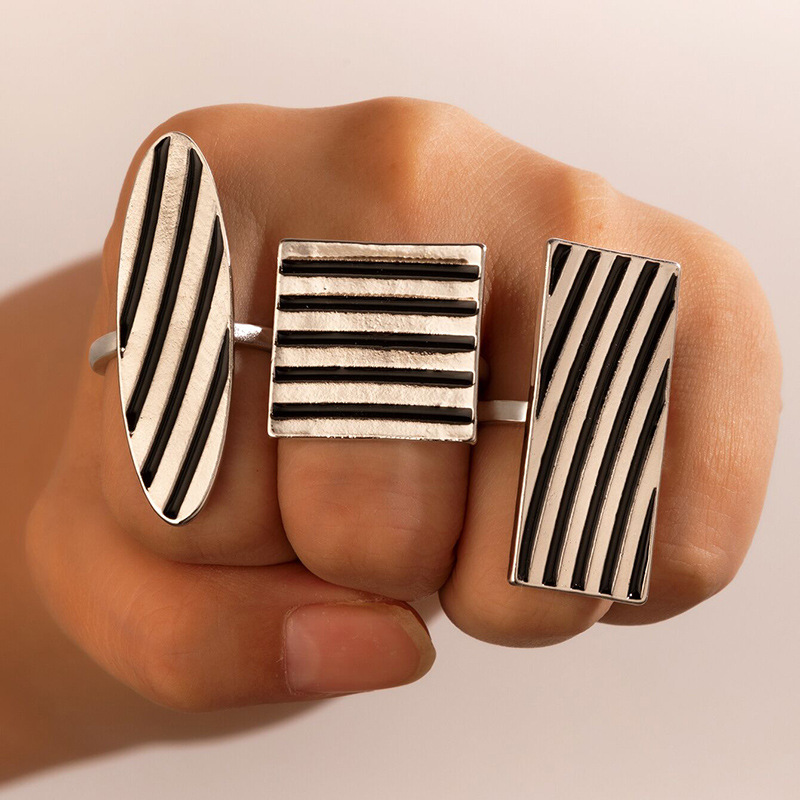 Simple Drip oil Striped Geometric Square Ring Three-Piece Set