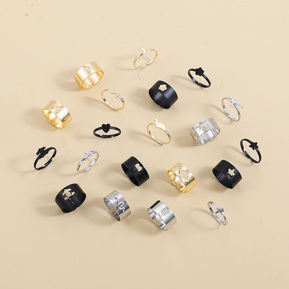 Fashion Creative Geometric Butterfly Snake Frog Hollow Couple Ring Set