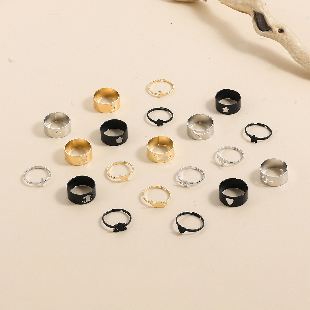 Fashion Creative Geometric Butterfly Snake Frog Hollow Couple Ring Set