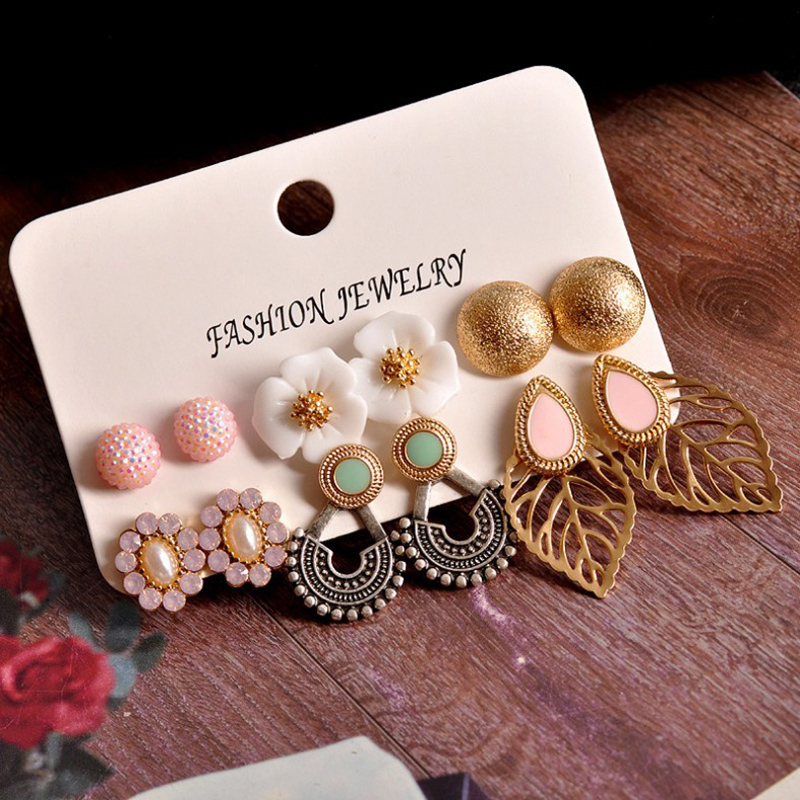 Fashion Ornament Gem Flower Leaves Alloy Ear Studs Set 6 Pairs