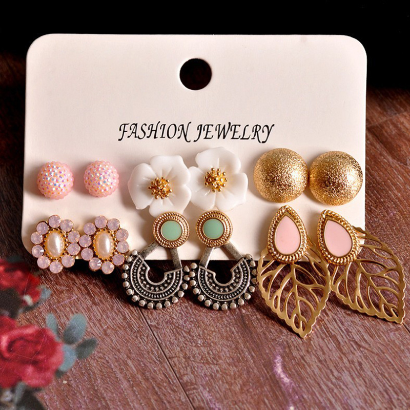 Fashion Ornament Gem Flower Leaves Alloy Ear Studs Set 6 Pairs