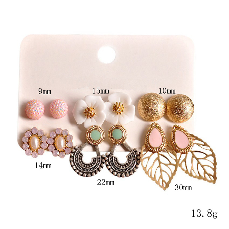 Fashion Ornament Gem Flower Leaves Alloy Ear Studs Set 6 Pairs