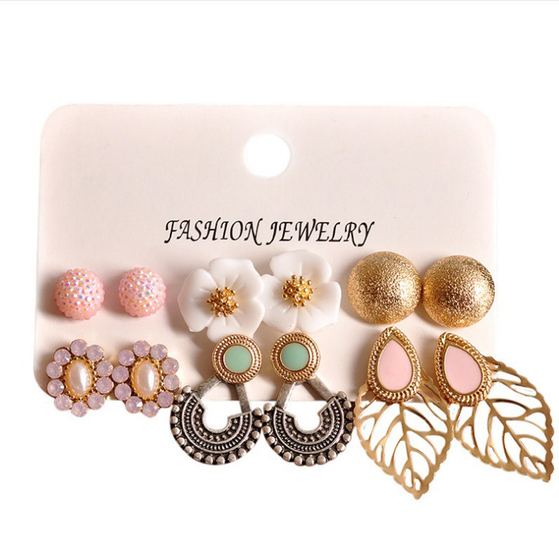 Fashion Ornament Gem Flower Leaves Alloy Ear Studs Set 6 Pairs