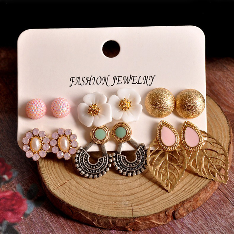 Fashion Ornament Gem Flower Leaves Alloy Ear Studs Set 6 Pairs