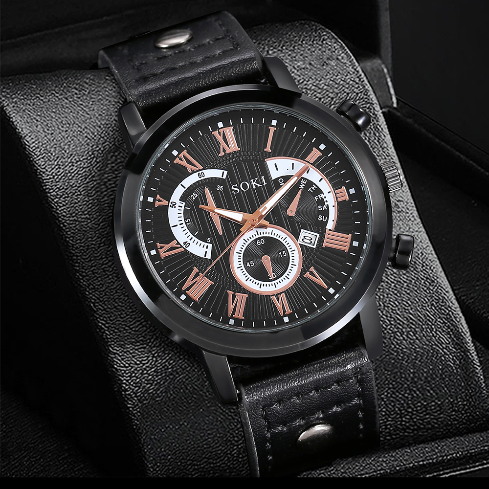 Roman Leather Belt Menu0027s Watch Leather Cord Bracelet Set
