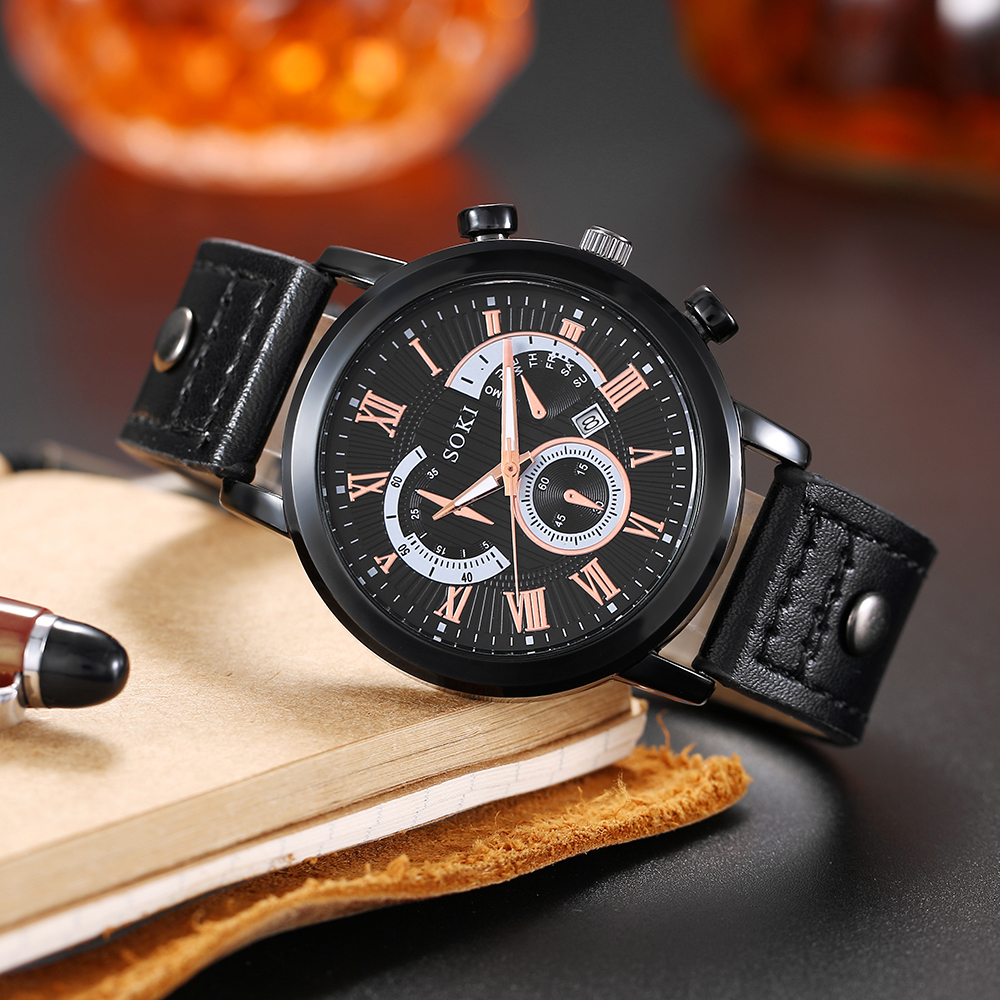 Roman Leather Belt Menu0027s Watch Leather Cord Bracelet Set