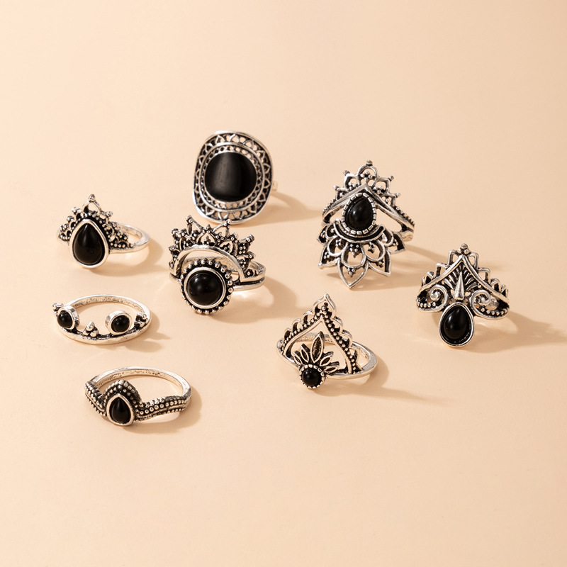 Retro Black Drip oil Geometric Irregular Hollow Ring Eight-Piece Set