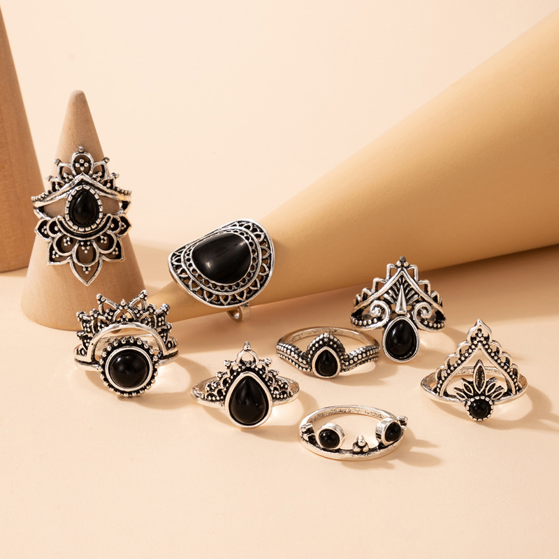 Retro Black Drip oil Geometric Irregular Hollow Ring Eight-Piece Set