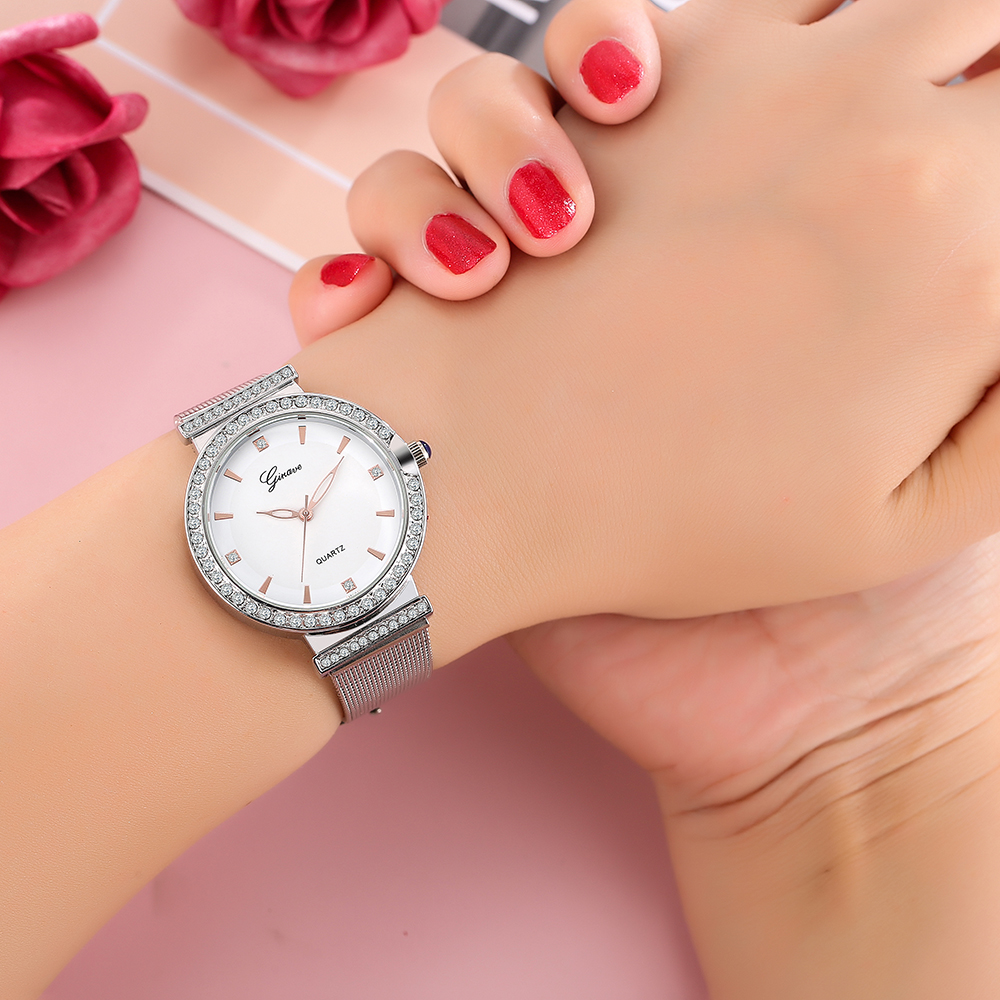 Fashion Womenu0027s Watch Mesh Belt inlaid Diamonds Simple Quartz Watch