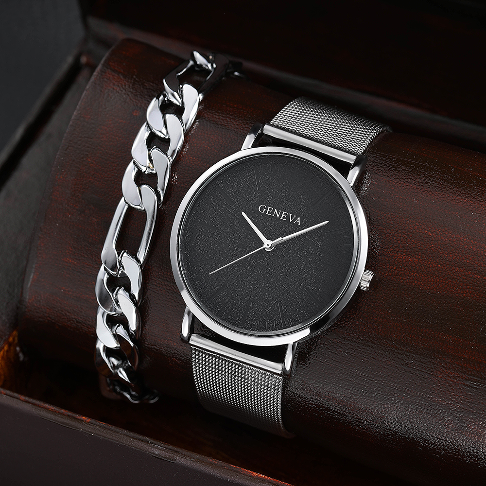 Simple chain Bracelet round Pointer Quartz Watch Menu0027s accessories Set Wholesale