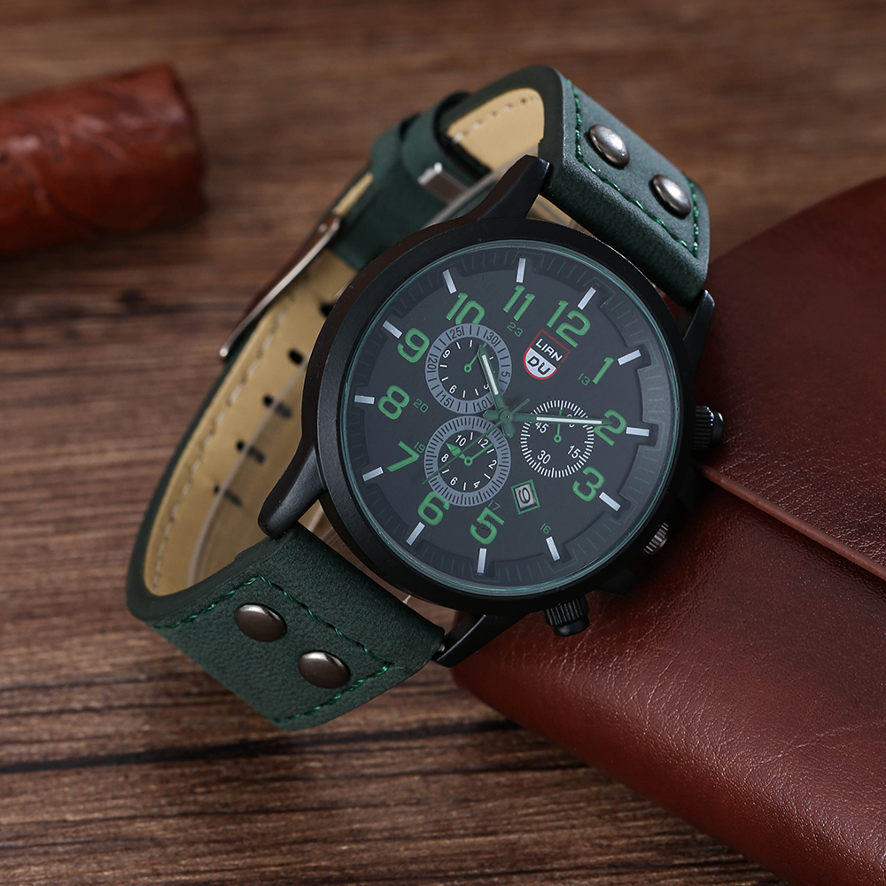 Army Style Student Sports Three Eyes Calendar Watch Menu0027s Quartz Watch and Bracelet Set
