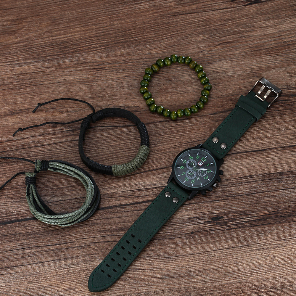 Army Style Student Sports Three Eyes Calendar Watch Menu0027s Quartz Watch and Bracelet Set