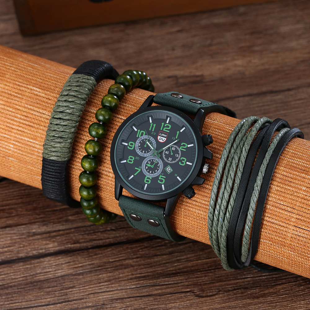 Army Style Student Sports Three Eyes Calendar Watch Menu0027s Quartz Watch and Bracelet Set
