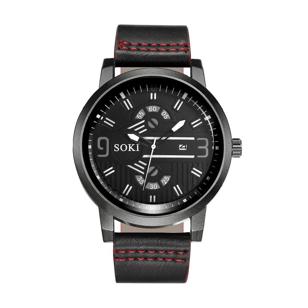 Digital Face Large Dial Calendar Menu0027s Watch Casual Leather Watch Strap Quartz Watch