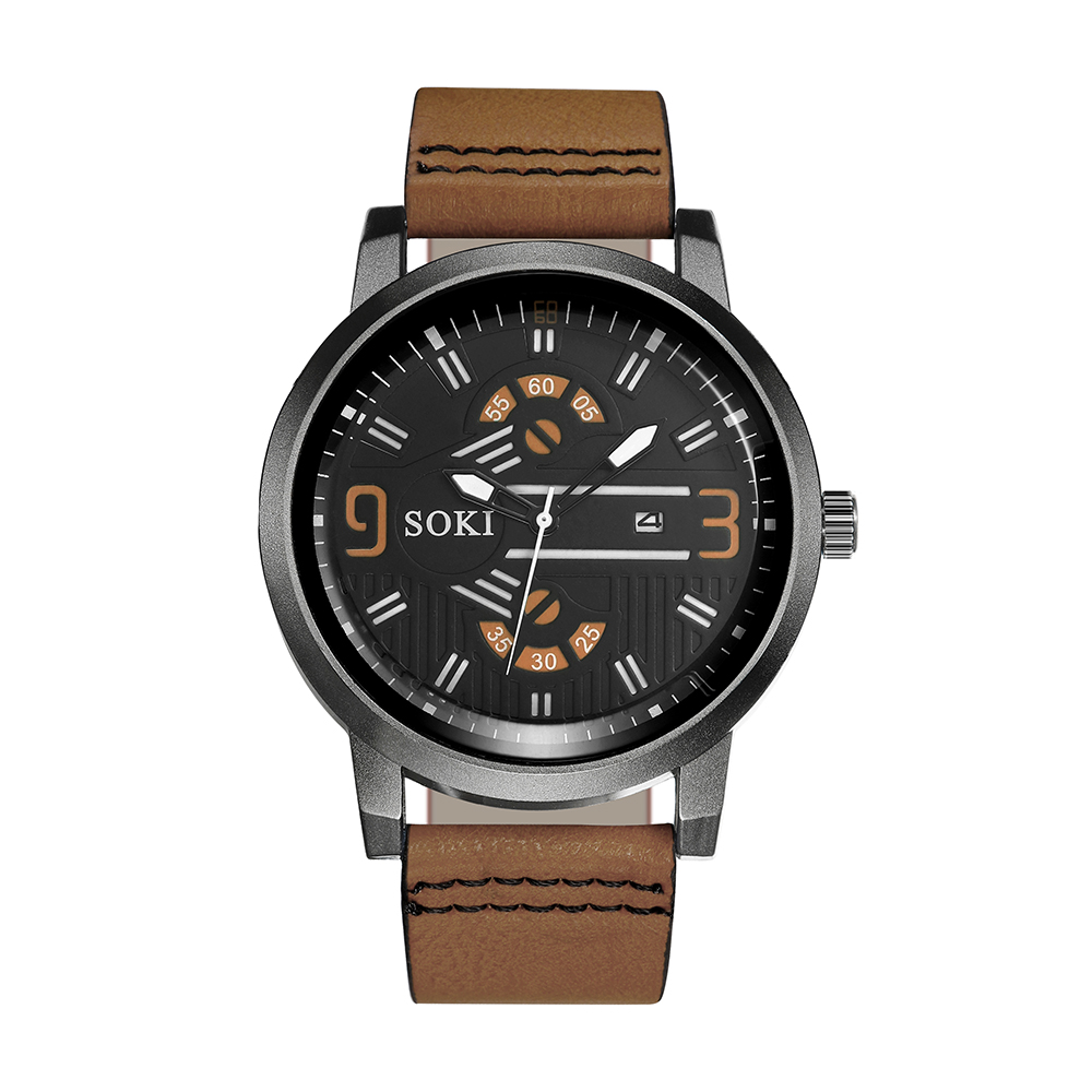 Digital Face Large Dial Calendar Menu0027s Watch Casual Leather Watch Strap Quartz Watch