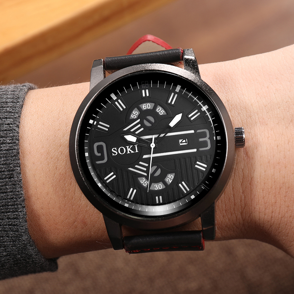 Digital Face Large Dial Calendar Menu0027s Watch Casual Leather Watch Strap Quartz Watch