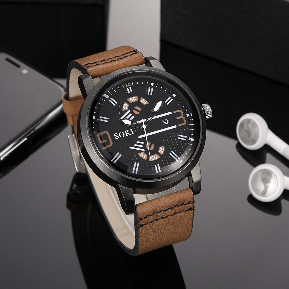 Digital Face Large Dial Calendar Menu0027s Watch Casual Leather Watch Strap Quartz Watch