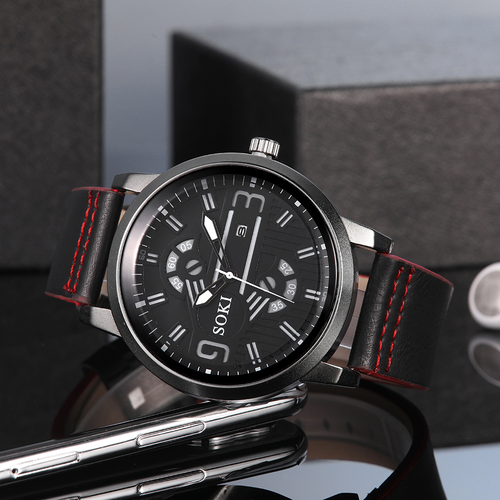 Digital Face Large Dial Calendar Menu0027s Watch Casual Leather Watch Strap Quartz Watch
