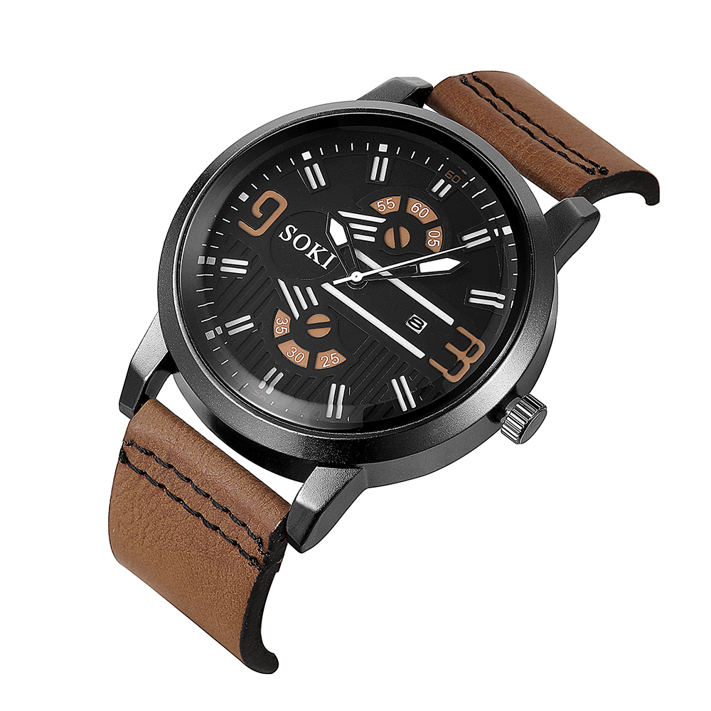 Digital Face Large Dial Calendar Menu0027s Watch Casual Leather Watch Strap Quartz Watch