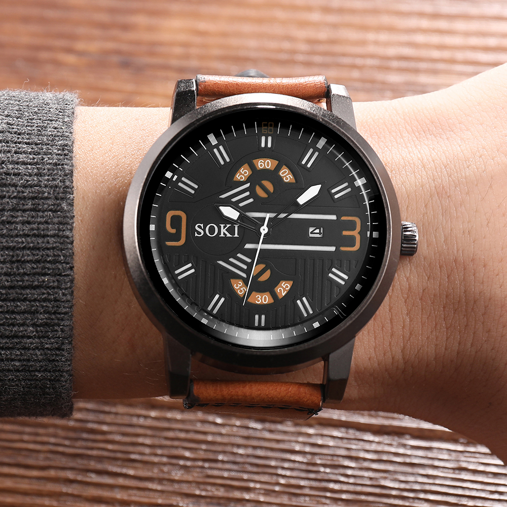Digital Face Large Dial Calendar Menu0027s Watch Casual Leather Watch Strap Quartz Watch