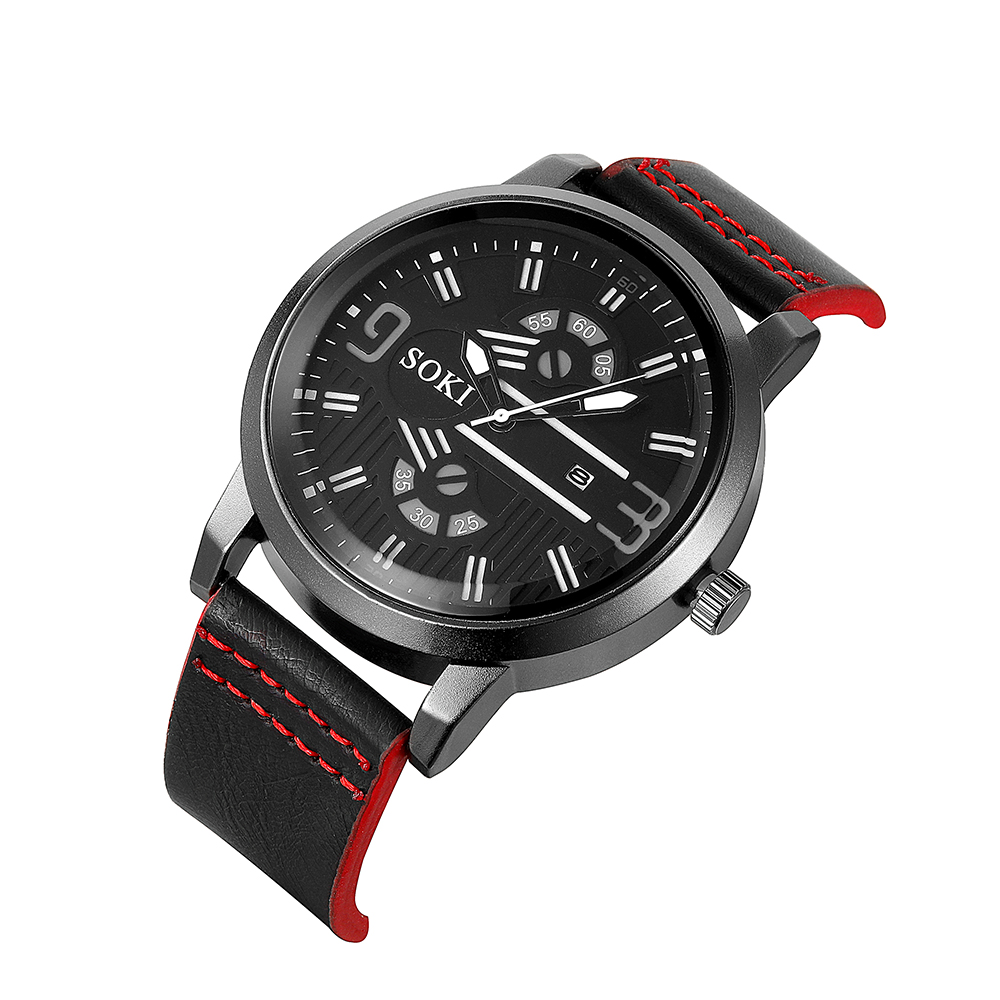 Digital Face Large Dial Calendar Menu0027s Watch Casual Leather Watch Strap Quartz Watch