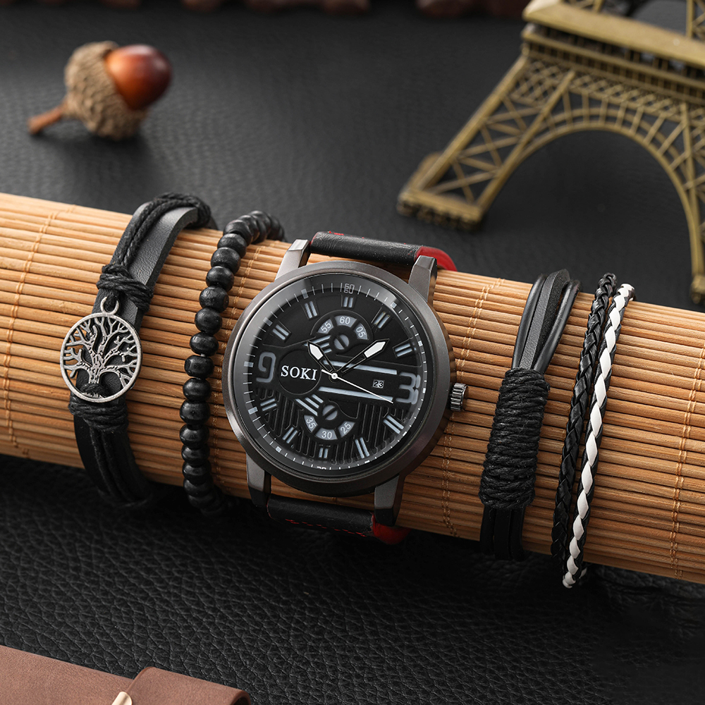 Digital Face Large Dial Calendar Menu0027s Watch Casual Leather Watch Strap Quartz Watch