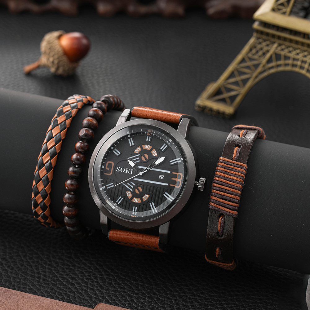 Digital Face Large Dial Calendar Menu0027s Watch Casual Leather Watch Strap Quartz Watch