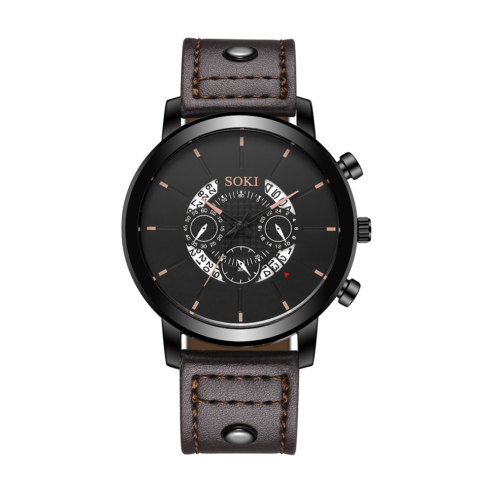 Fashion Pu Belt Menu0027s Watch Retro Style Hollow Student Sports Quartz Watch Bracelets set Wholesa