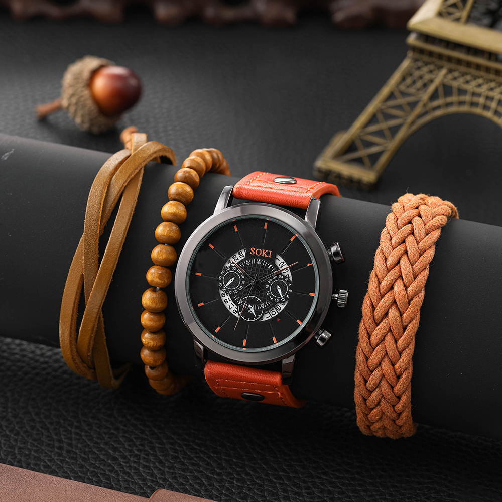 Fashion Pu Belt Menu0027s Watch Retro Style Hollow Student Sports Quartz Watch Bracelets set Wholesa