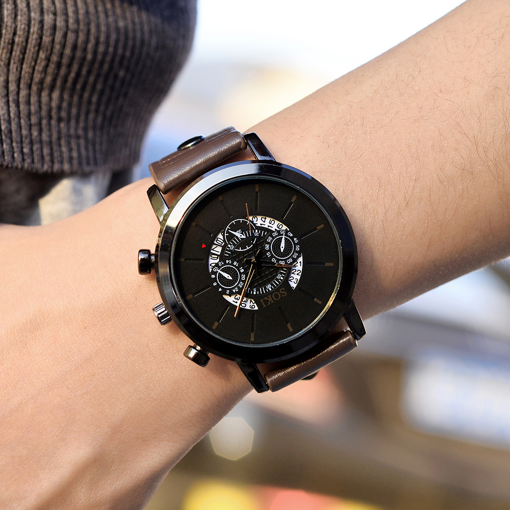 Fashion Pu Belt Menu0027s Watch Retro Style Hollow Student Sports Quartz Watch Bracelets set Wholesa