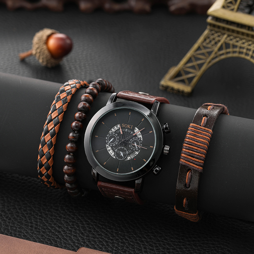 Fashion Pu Belt Menu0027s Watch Retro Style Hollow Student Sports Quartz Watch Bracelets set Wholesa