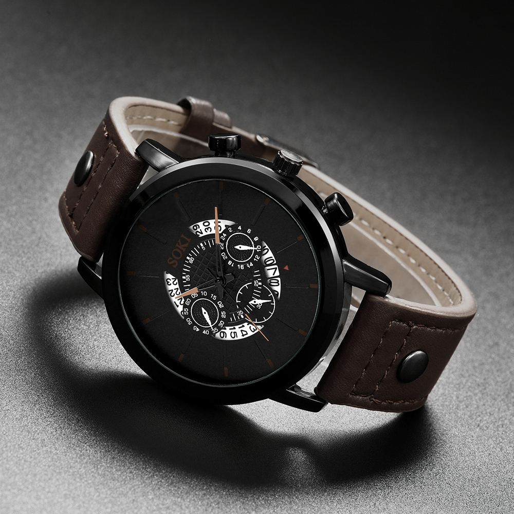 Fashion Pu Belt Menu0027s Watch Retro Style Hollow Student Sports Quartz Watch Bracelets set Wholesa
