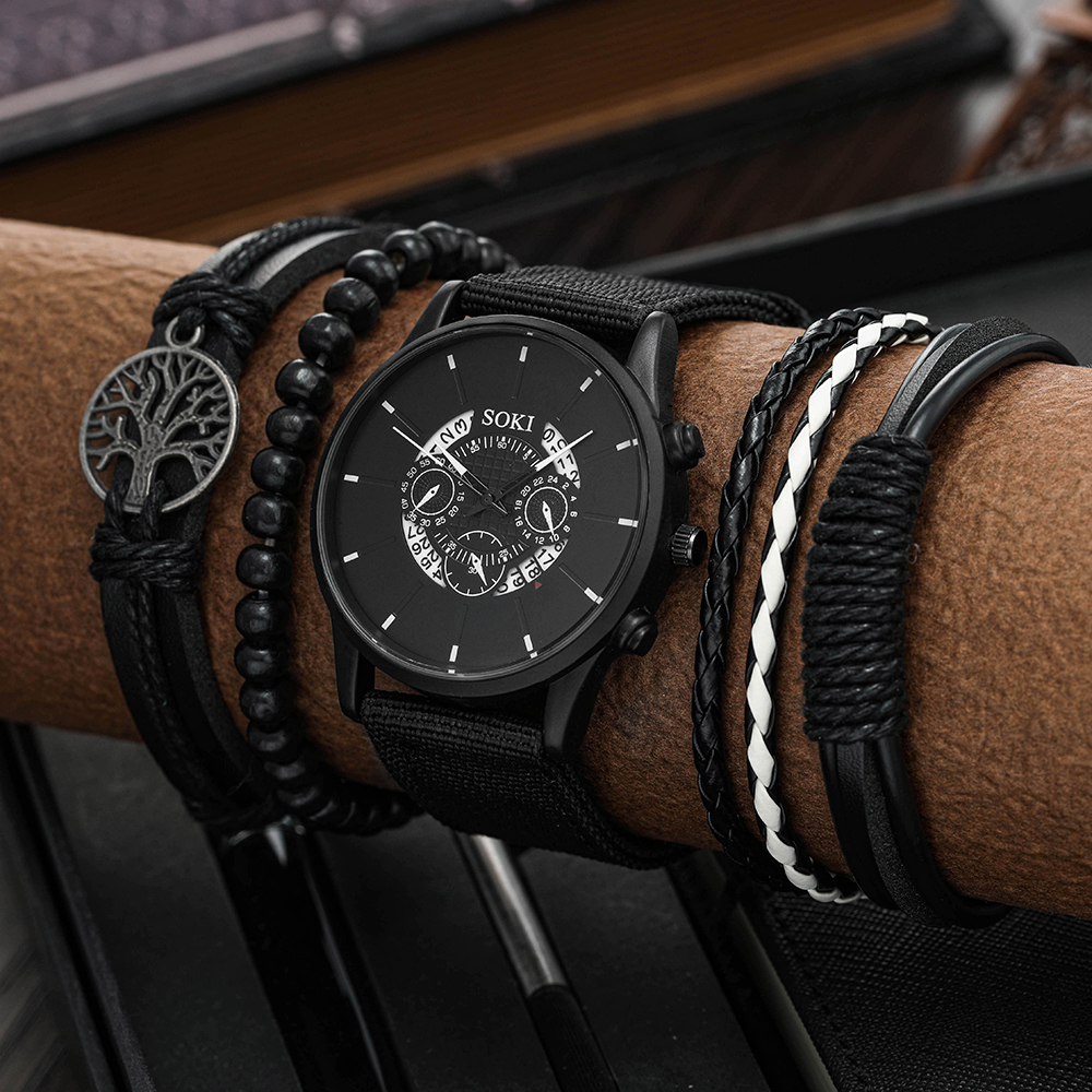 Fashion Nylon Watchband Menu0027s Watch Student Sports Quartz Watch and Bracelet Set