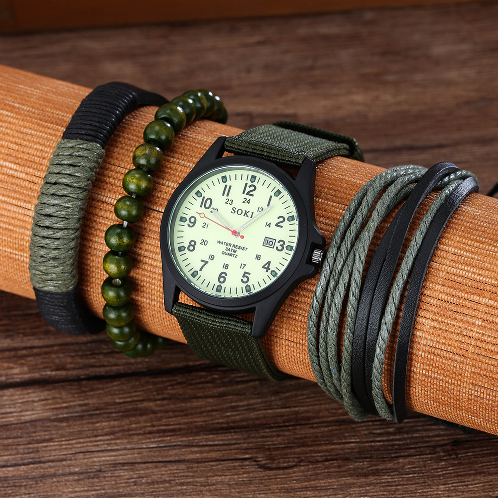Menu0027s Bracelet Watch Set Fashion Nylon Watchband Luminous Calendar Sports Quartz Watch bracelet
