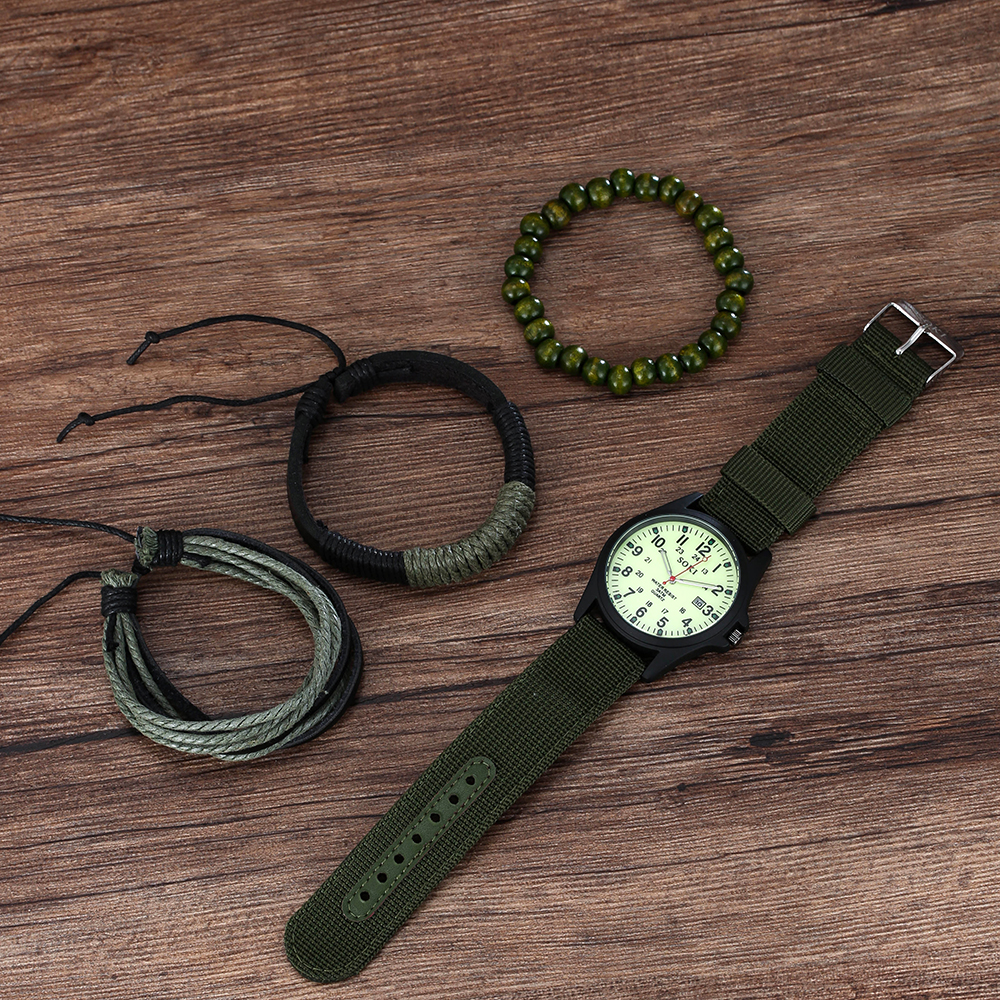 Menu0027s Bracelet Watch Set Fashion Nylon Watchband Luminous Calendar Sports Quartz Watch bracelet