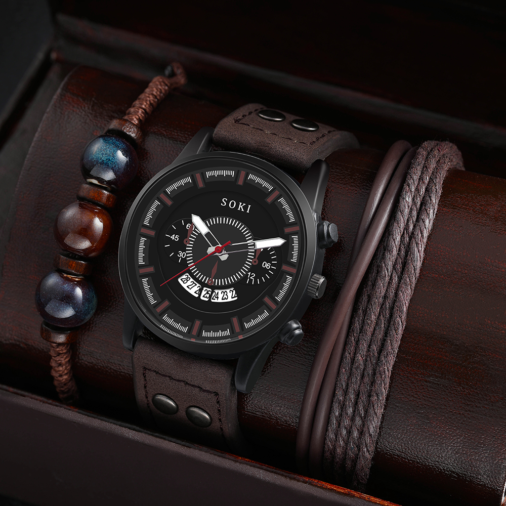 Menu0027s Bracelet Watch Set Casual Pu Strap Calendar Sports Quartz Watch